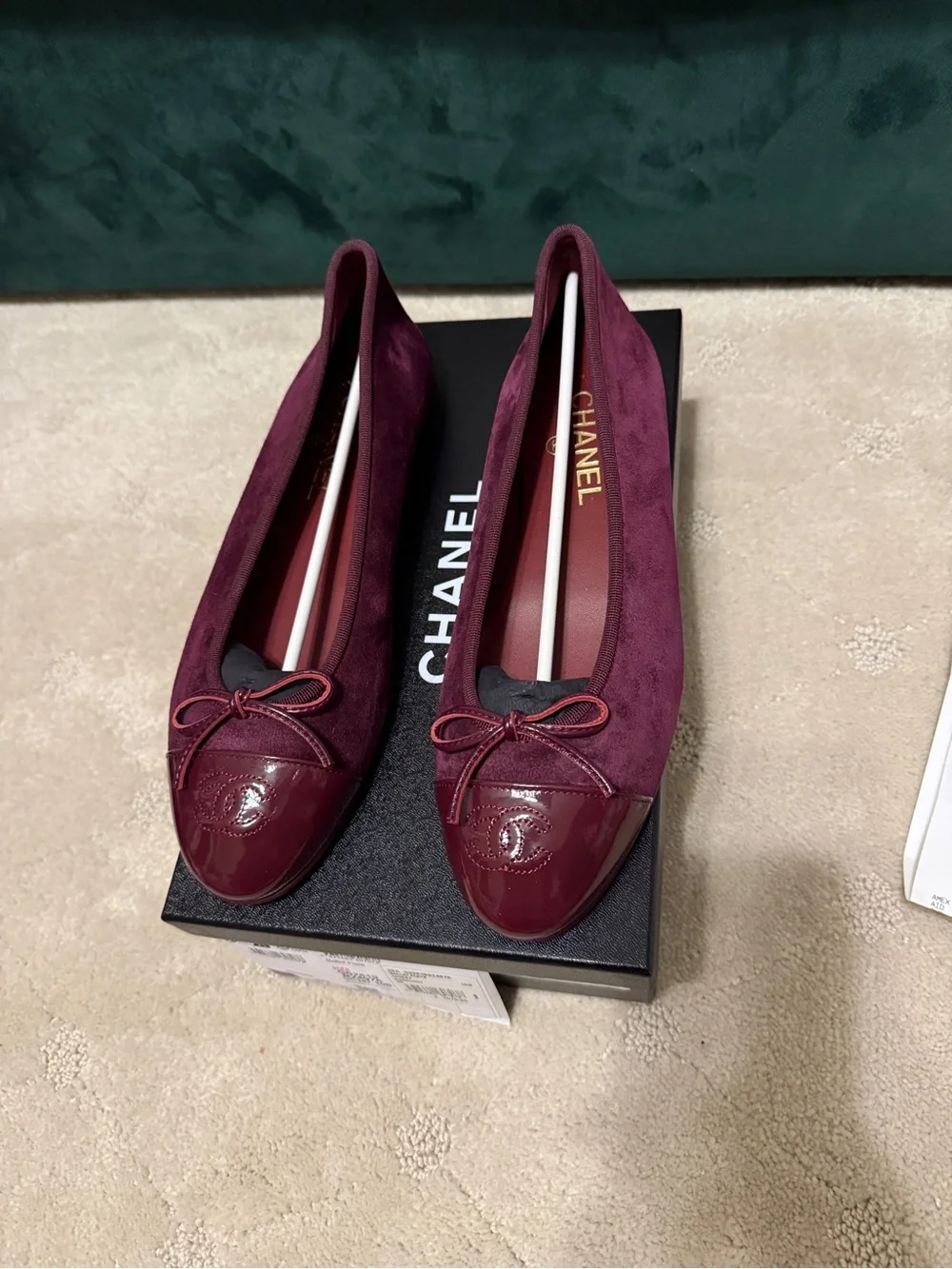 CHANEL Burgundy Suede & Patent Cap-Toe Ballet Flats with Bow
